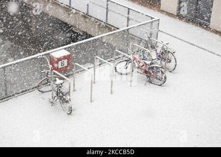 Fahrräder während des Schnees. Die Niederlande wachen nach einem intensiven morgendlichen Schneefall, einem bizarren Ereignis im April, mit Schnee bedeckt auf. Der zweite Tag mit niedrigen Temperaturen und Schneefall in den Niederlanden nach dem „Weißen Ostermontag“ mit einem deutlichen Temperaturabfall, der nach Angaben der niederländischen Meteorologischen Agentur KNMI den Gefrierpunkt erreicht hat und den Ostermontag zu einem der kältesten Tage aller Zeiten mit niedrigen Temperaturen macht. Zusätzlich zu Schnee, Hagel und hoher Geschwindigkeit kam es zu starkem eisgekühlten Wind. Die KNMI hat eine gelbe Code-Wetterwarnung für Montagabend herausgegeben, die besagt, dass es starke Winde und s geben wird Stockfoto