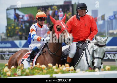 Melbourne, Victoria, Australien. 3.. November 2022. Jockeys und Menschen nehmen am 3.. Tag des Melbourne Cup Carnival 2022 im Flemington Racing Club Victoria Derby Day in Melbourne Teil. (Bild: © Rana Sajid Hussain/Pacific Press via ZUMA Press Wire) Stockfoto