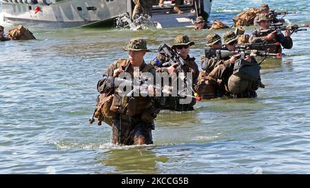 Marineinfanteristen, Matrosen und Mitglieder der kanadischen Armee führen eine amphibische Landung durch. Stockfoto