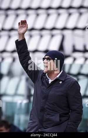 Genua-Coach Davide Ballardini Gesten während des Serie-A-Fußballspiels n.30 JUVENTUS - GENUA am 11. April 2021 im Allianz-Stadion in Turin, Piemont, Italien. Endergebnis: Juventus-Genua 3-1. (Foto von Matteo Bottanelli/NurPhoto) Stockfoto