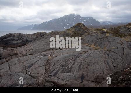 Küste in der Nähe von Nesland, einem winzigen und malerischen Fischerdorf auf dem Lofoten-Archipel in Nordland in Norwegen. Stockfoto