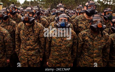 Rekruten bereiten sich darauf vor, eine Gaskammer auf Parris Island, South Carolina, zu betreten. Stockfoto