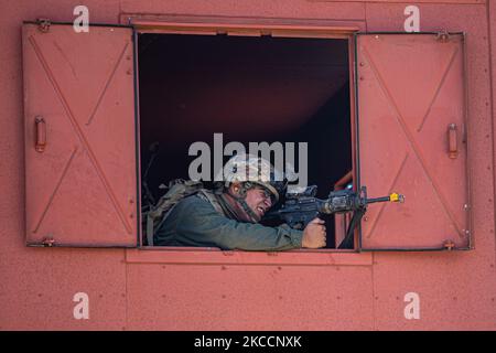 Ein US-Armeesoldat aus dem 3.. Squadron, 4. Kavallerieregiment, 3. Brigade Combat Team, 25. Infantry Division und indonesische Soldaten dienen als gegnerische Kraft und feuern auf dem Pohakuloa Training Grounds, Hawaii, 2. November 2022. Joint Pacific Multinic Readiness Center 23-01 ist eine realistische Trainingsrotation, die es uns ermöglicht, strategische Bewegungen zu üben und in einzigartigen Umgebungen und Bedingungen zu trainieren, in denen sie im Falle einer Krise oder eines Konflikts am wahrscheinlichsten eingesetzt werden Armeefoto von PFC. Mariah Aguilar, 25. Infanterie-Division) Stockfoto