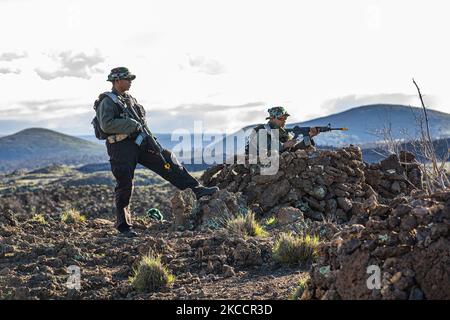 TNI-Soldaten ziehen Sicherheit, während sie als gegnerische Kraft auf dem Pohakuloa Training Grounds, Hawaii, 1. November 2022, dienen. Joint Pacific Multinic Readiness Center 23-01 ist eine realistische Trainingsrotation, die es uns ermöglicht, strategische Bewegungen zu üben und in einzigartigen Umgebungen und Bedingungen zu trainieren, in denen sie im Falle einer Krise oder eines Konflikts am wahrscheinlichsten eingesetzt werden Armeefoto von PFC. Mariah Aguilar, 25. Infanterie-Division) Stockfoto