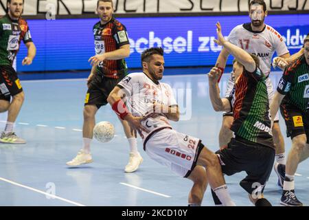 Michael Allendorf von MT Melsungen beim LIQUI MOLY Handball-Bundesliga-Spiel zwischen SC Magdeburg und MT Melsungen in der GETEC-Arena am 18. April 2021 in Magdeburg. (Foto von Peter Niedung/NurPhoto) Stockfoto