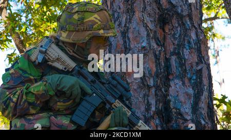 Die Königlichen Niederlande Korps Mariniers warten auf Befehle zum Angriff. Stockfoto