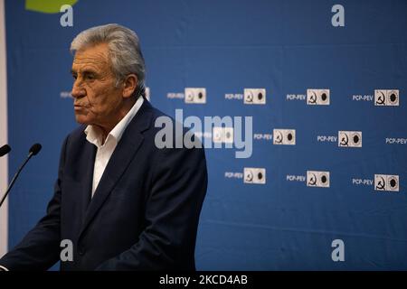Der Generalsekretär der PCP, Jerónimo de Sousa, spricht auf der Pressekonferenz über die Koalition für die nächsten Kommunalwahlen am PCP-Hauptquartier in Lissabon, Portugal, am 20. April 2021. Die Kommunistische Partei ( PCP ) bildet eine Koalition mit der Umweltpartei ( PEV ) für die diesjährigen Kommunalwahlen. Die CDU, einheitliche demokratische Koalition. (Foto von Nuno Cruz/NurPhoto) Stockfoto
