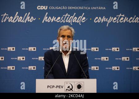 Der Generalsekretär der PCP, Jerónimo de Sousa, spricht auf der Pressekonferenz über die Koalition für die nächsten Kommunalwahlen am PCP-Hauptquartier in Lissabon, Portugal, am 20. April 2021. Die Kommunistische Partei ( PCP ) bildet eine Koalition mit der Umweltpartei ( PEV ) für die diesjährigen Kommunalwahlen. Die CDU, einheitliche demokratische Koalition. (Foto von Nuno Cruz/NurPhoto) Stockfoto