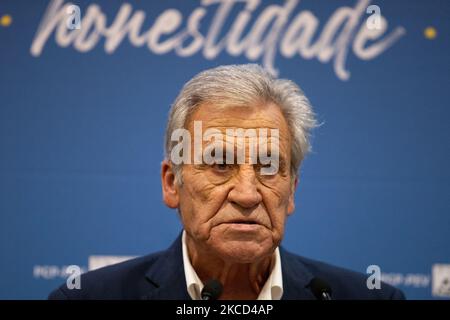 Der Generalsekretär der PCP, Jerónimo de Sousa, spricht auf der Pressekonferenz über die Koalition für die nächsten Kommunalwahlen am PCP-Hauptquartier in Lissabon, Portugal, am 20. April 2021. Die Kommunistische Partei ( PCP ) bildet eine Koalition mit der Umweltpartei ( PEV ) für die diesjährigen Kommunalwahlen. Die CDU, einheitliche demokratische Koalition. (Foto von Nuno Cruz/NurPhoto) Stockfoto