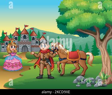Cartoon Prinz und Prinzessin mit einem Schloss Hintergrund Stock Vektor