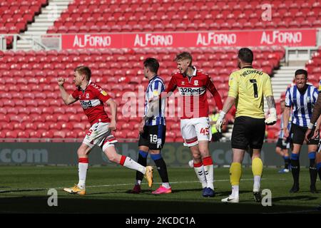 Duncan Watmore von Middlesbrough feiert am 24.. April 2021 im Riverside Stadium, Middlesbrough, ihr drittes Tor beim Sky Bet Championship-Spiel zwischen Middlesbrough und Sheffield Wednesday. (Foto von Mark Fletcher/MI News/NurPhoto) Stockfoto