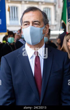 Beppe Sala surft während des Zweiten Weltkriegs in Mailand, Italien, am 25 2021. April auf den Feierlichkeiten zum Befreiungstag der nazifaschistischen Truppen. (Foto von Mairo Cinquetti/NurPhoto) Stockfoto