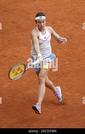 Die lettische Anastasija Sevastova trifft auf die spanische Paula Badosa während ihres 2021 WTA Tour Madrid Open Tennisturnier-Einzelspieles im Caja Magica in Madrid am 3. Mai 2021. Spanien (Foto von Oscar Gonzalez/NurPhoto) Stockfoto