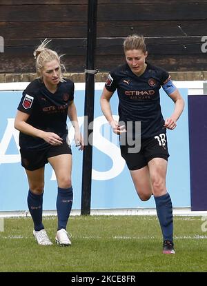 Ellen White von Manchester City WFC feiert ihr Tor beim Barclays FA Women's Super League Spiel zwischen West Ham United Women und Manchester City am 25.. April 2021 im Chigwell Construction Stadium in Dagenham, England (Foto by Action Foto Sport/NurPhoto) Stockfoto