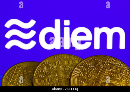 Die Darstellung der Kryptowährung und das Logo von Diem auf einem Bildschirm sind auf diesem Illustrationsfoto zu sehen, das am 13. Mai 2021 in Krakau, Polen, aufgenommen wurde. (Foto von Jakub Porzycki/NurPhoto) Stockfoto