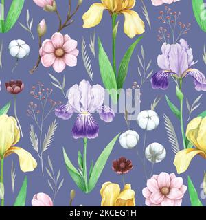 Aquarell-Magnolie und Irisblüten nahtloses Muster. Handgezeichnete, detailgetreue Vintage-Illustration. Stockfoto