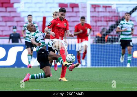 Joao Mario von Sporting CP (L) lebt mit Rafa Silva von SL Benfica während des Fußballspiels der Portugiesischen Liga zwischen SL Benfica und Sporting CP am 15. Mai 2021 im Luz-Stadion in Lissabon, Portugal. (Foto von Pedro FiÃºza/NurPhoto) Stockfoto