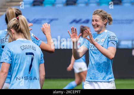 TORFEIER - Janine Beckie vom Manchester City WFC und Ellen White vom Manchester City WFC beim Vitality Women's FA Cup Fünfte Runde zwischen Manchester City und West Ham United Women am 16.. Mai 2021 im Academy Stadium, Manchester, UK (Foto by Action Foto Sport/NurPhoto) Stockfoto