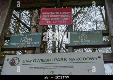 Historisches Eingangstor zum strengen Reservat (UNESCO-Weltkulturerbe) ist am 1. Mai 2021 im Nationalpark Bialowieza in Polen zu sehen (Foto: Michal Fludra/NurPhoto) Stockfoto