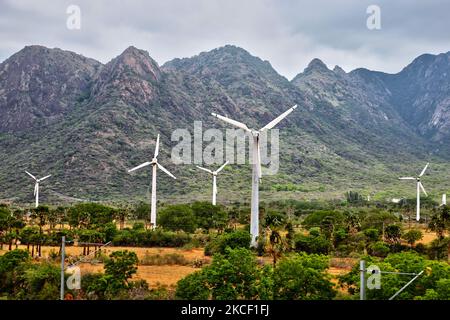 Windkraftanlagen erzeugen Strom in Kavalkinaru, Tamil Nadu, Indien. (Foto von Creative Touch Imaging Ltd./NurPhoto) Stockfoto