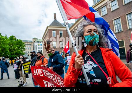 Die Organisation Free West Papua Campaign Nederland veranstaltete in Zusammenarbeit mit Extinction Rebellion eine Demonstration vor dem Haus des Parlaments in Den Haag für die Anerkennung der Perspektive und Souveränität indigener Völker weltweit. In West-Papua werden Familien und ihre Kinder aufgrund der Militäroperationen Indonesiens in der Region aus ihren Dörfern vertrieben. Während der Demonstration boten sie den Politikern am 25.. Mai 2021 einen Brief an, in dem sie dazu aufgerufen wurden, den Stimmen der Indigenen zuzuhören. (Foto von Romy Arroyo Fernandez/NurPhoto) Stockfoto