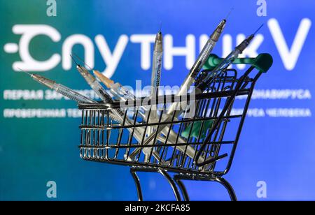 Medizinische Spritzen im Mini-Einkaufswagen sind vor dem Sputnik V-Logo auf einem Bildschirm zu sehen. Am Freitag, den 28. Mai 2021, in Dublin, Irland. (Foto von Artur Widak/NurPhoto) Stockfoto