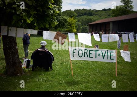 In Nestie, während des Camps, steht auf einem Spruchband 'Wald = Leben'. Mehrere Verbände, politische Parteien und Menschen, die sich in einem Kollektiv "Touche pas a ma foret" (d. h. "Don't touch my Forest") zusammengeschlossen haben, demonstrierten in Lannemezan (Hautes-Pyrenees), als sie ihre Opposition gegen ein globales Unternehmen, Florian, zeigen wollten. Sie marschierten vom Bahnhof von Lannemezan zum Rathaus, bevor sie in Nestie ein Lager aufstellten. Das Sägewerk Florian will in der Nähe der Pyrenäenstadt Lannemezan ein riesiges Sägewerk bauen. Das Sägewerk wird voraussichtlich fast 400,000 Kubikmeter Buchenholz pro Jahr behandeln. Dazu wird die Stockfoto