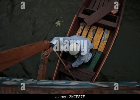 Am 01. Juni 2021 rudert ein Mann sein Boot bei starken Regenfällen in Dal Lake, Srinagar, dem indischen Kaschmir. (Foto von Muzamil Mattoo/NurPhoto) Stockfoto