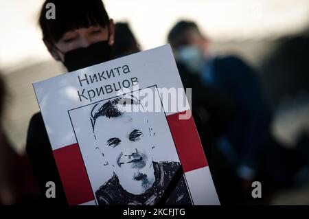 Demonstration ''gemeinsam gegen den Terrorismus'', organisiert von der Belarussischen Vereinigung in Italien ''Supolka'', um das Lukaschenko-Regime zu verurteilen und die sofortige Freilassung des Journalisten Roman Protasewitsch und aller belarussischen politischen Gefangenen am 3. Juni 2021 in Rom, Italien, zu fordern. (Foto von Andrea Ronchini/NurPhoto) Stockfoto