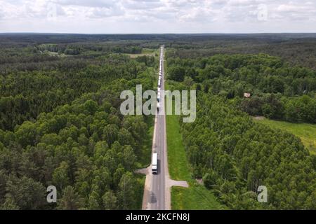 Am 5. Juni 2021 werden in Bobrownik-Bierestowica, Polen, Lastwagen aufgestellt, die auf die Einreise nach Belarus an der Grenze zu Polen warten. Seit Dezember letzten Jahres, als die belarussischen Behörden ihre Grenze mit den Beamten geschlossen haben, haben sich die Linien für Lastwagen, die an der Grenze warten, erhöht, da sie Bedenken wegen der Ausbreitung der Coroanvirus-Pandemie geäußert haben. Kritiker sagen, dass die Grenze geschlossen wurde, um Oppositionelle daran zu hindern, die Grenze zu überqueren. Oppositionelle planten am Samstag eine Blockade der Grenze, um ihre Wiedereröffnung zu fordern. (Foto von STR/NurPhoto) Stockfoto