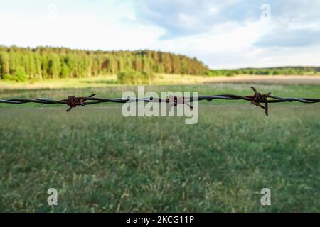 Allgemeine Ansicht der Felder und Wiesen am Ufer des Flusses Lyna mit Stacheldraht im Vordergrund bei Zabie, Polen am 5. Juni 2021 ist Lyna ein Fluss, der in der Woiwodschaft Warmian-Masuren in Nordpolen beginnt und im russischen Gebiet von Königsberg endet. (Foto von Michal Fludra/NurPhoto) Stockfoto