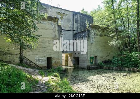 Überreste von Nazi-Insignien auf der unvollendeten Schleuse des Masurischen Kanals sind am 4. Juni 2021 in Lesniewo, Polen, zu sehen (Foto: Michal Fludra/NurPhoto) Stockfoto