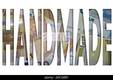 Handgeschöpftes Wort mit Geld. Papierwährung Hintergrund mit verschiedenen Banknoten. Stockfoto