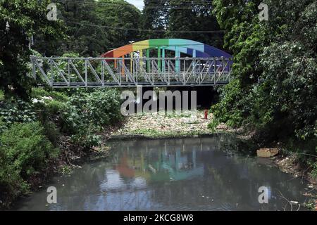 Ein Blick auf den Bharalu-Fluss in Guwahati, Indien, am Samstag, den 19. Juni 2021. Spuren des COVID-19-Coronavirus wurden in Wasserproben gefunden, die gemäß Berichten aus dem Bharalu-Fluss in Guwahati entnommen wurden. (Foto von David Talukdar/NurPhoto) Stockfoto