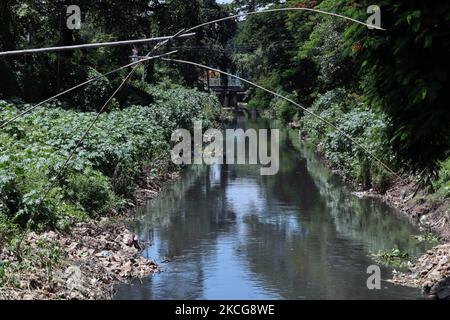 Ein Blick auf den Bharalu-Fluss in Guwahati, Indien, am Samstag, den 19. Juni 2021. Spuren des COVID-19-Coronavirus wurden in Wasserproben gefunden, die gemäß Berichten aus dem Bharalu-Fluss in Guwahati entnommen wurden. (Foto von David Talukdar/NurPhoto) Stockfoto