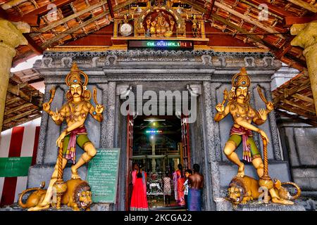 Statuen von Hütern am Eingang des Arasadi Vinayagar Tempels (Arasadi Sithi Vinayagar Kovil) in Jaffna, Sri Lanka. (Foto von Creative Touch Imaging Ltd./NurPhoto) Stockfoto