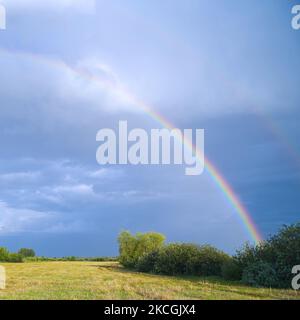Regenbogen auf dem Hintergrund von Sturmwolken über einer gemähten Wiese Stockfoto