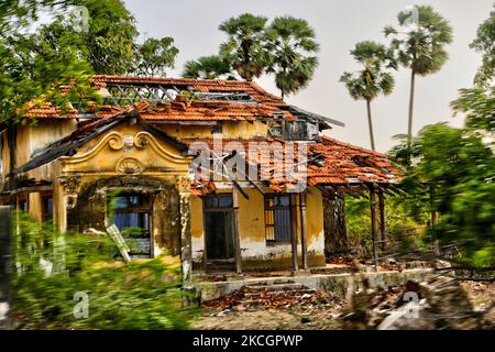 Überreste eines Wohnhauses, das während des Bürgerkrieges in Kayts, Jaffna, Sri Lanka, zerstört wurde. Kayts ist eines der Dörfer auf der Insel Velanai, einer kleinen Insel vor der Küste der Halbinsel Jaffna im Norden Sri Lankas. Kayts Island war auch Schauplatz von Gewalt im Rahmen des srilankischen Bürgerkrieges, einschließlich des Allaipiddy-Massakers. Dies ist nur eine der vielen Erinnerungen an die tiefen Narben, die während des 26-jährigen Bürgerkrieges zwischen der srilankischen Armee und der LTTE (Liberation Tigers of Tamil Eelam) entstanden sind. Die Vereinten Nationen schätzen, dass während des Krieges etwa 40.000 Menschen getötet wurden. (Foto von Creativ Stockfoto