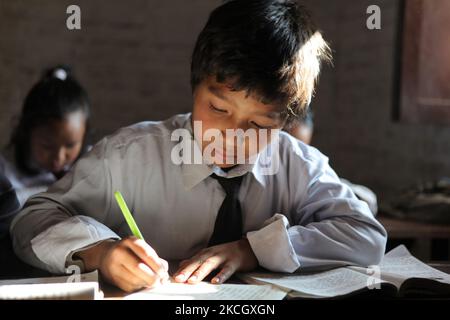 Grundschüler studieren Nepali in einem kleinen Klassenzimmer in der Shree Punya Primary and Secondary School im Panauti Village in Kathmandu, Nepal, am 11. Dezember 2011. (Foto von Creative Touch Imaging Ltd./NurPhoto) Stockfoto