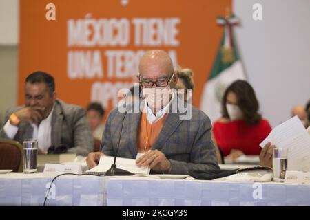 Dante Alfonso Delgado Rannauro, nationaler Koordinator, auf der Pressekonferenz, auf der die Führung seiner Partei, der "Bürger-Bewegung", einen Bericht über die Ergebnisse der Wahlen am 6. Juni gab. Am 5. Juli 2021 in Mexiko-Stadt, Mexiko. (Foto von Cristian Leyva/NurPhoto) Stockfoto