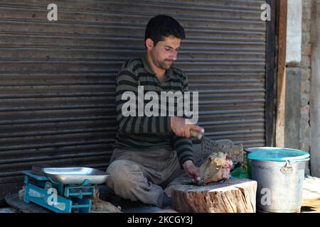 Kashmiri-Metzgerschneidungen öffnen den Kopf eines Schafes mit einem großen Spaltmesser am Straßenrand in Anantnag, Kaschmir, Indien. (Foto von Creative Touch Imaging Ltd./NurPhoto) Stockfoto