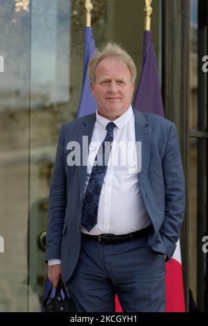 Francois Hommeril, der Vorsitzende der französischen Gewerkschaft CFE-CGC, verlässt das Land nach einem Treffen mit Gewerkschaften und dem französischen Präsidenten Macron am 6. Juli 2021 im Elysée-Palast in Paris (Foto: Daniel Pier/NurPhoto) Stockfoto