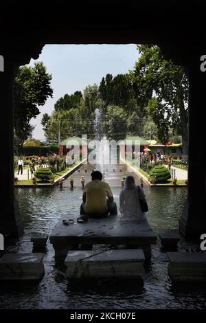 Frisch verheiratetes indisches Paar entspannt sich am 22. Juni 2010 in den Shalimar Bagh Mughal Gardens in Srinagar, Kaschmir, Indien. (Foto von Creative Touch Imaging Ltd./NurPhoto) Stockfoto