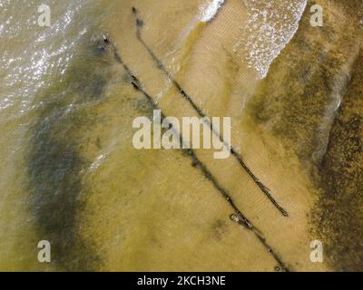 Allgemeiner Blick auf den Sandstrand der Danziger Bucht mit Algen und Algen im Wasser ist in Mechelinki, Polen, am 10. Juli 2021 zu sehen aufgrund der hohen Temperatur und der Flautas auf dem Meer, an den Ostseestränden der Danziger Bucht blühten blaugrüne Cyanobakterien-Algen. Gestank und Verschmutzung des Wassers schreckt Touristen ab. (Foto von Michal Fludra/NurPhoto) Stockfoto