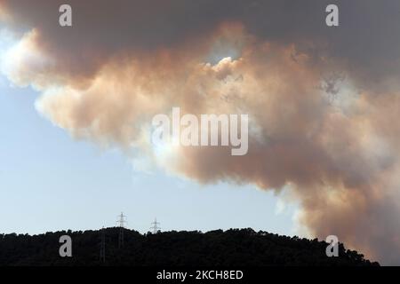 Ein Waldbrand in Martorell wirft am 14.. Juli 2021 eine dicke Rauchsäule über Barcelona auf. Foto: Joan Valls/Urbanandsport /NurFoto -- (Foto von Urbanandsport/NurPhoto) Stockfoto