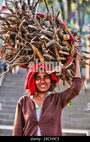 Am 06. Dezember 2011 trägt eine Frau ein Holzbündel auf den Stufen des Swayambhunath-Tempels in Kathmandu, Nepal. (Foto von Creative Touch Imaging Ltd./NurPhoto) Stockfoto