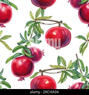 Granatäpfel auf einem Ast Aquarell nahtloses Muster. Handgezeichnete realistische rote Früchte mit endlosen Blättern Hintergrund für Stoff und Tapete. Tropica Stockfoto