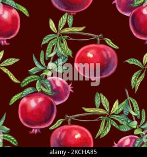 Granatäpfel auf einem Ast Aquarell nahtloses Muster. Handgezeichnete realistische rote Früchte mit endlosen Blättern Hintergrund für Stoff und Tapete. Tropica Stockfoto
