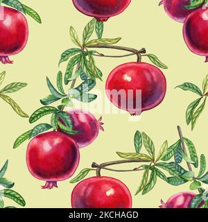 Granatäpfel auf einem Ast Aquarell nahtloses Muster. Handgezeichnete realistische rote Früchte mit endlosen Blättern Hintergrund für Stoff und Tapete. Tropica Stockfoto