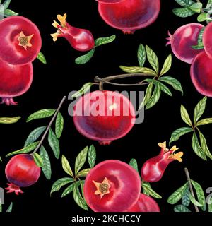 Granatäpfel auf einem Ast Aquarell nahtloses Muster. Handgezeichnete realistische rote Früchte mit endlosen Blättern Hintergrund für Stoff und Tapete. Tropica Stockfoto